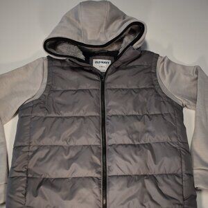 Boys Hooded Puffer Jacket Fleece Lined-Gray-Pockets-Zipper-Old Navy (Lrg 10-12)